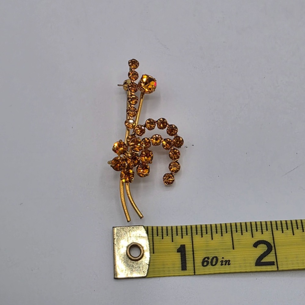 Vintage Austrian Amber Rhinestone Floral Spray Brooch Pin Gold Tone Signed - Picture 3 of 9
